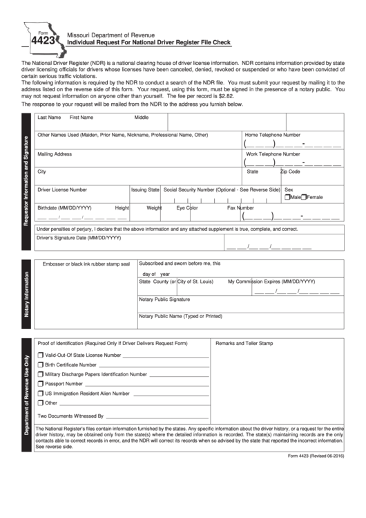 Fillable Form 4423 Individual Request For National Driver Register