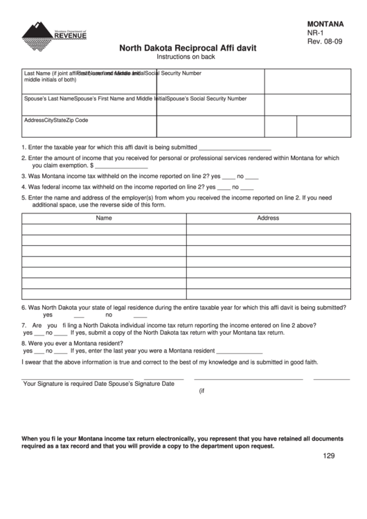 Montana Form Nr1 North Dakota Reciprocal Affidavit printable pdf