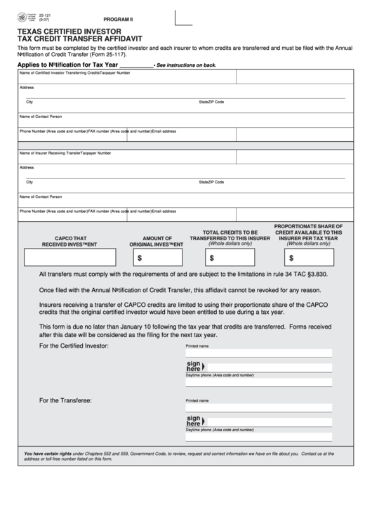 Fillable Form 25121 Tax Credit Transfer Affidavit printable pdf download