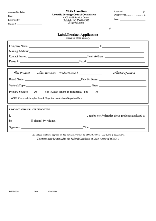 Bwl008 Label/product Approval Form printable pdf download