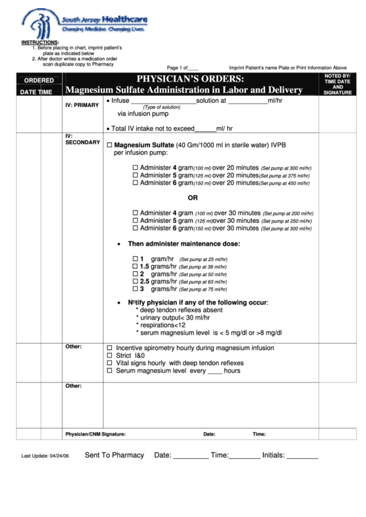 Physician'S Orders Magnesium Sulfate Administration In Labor And