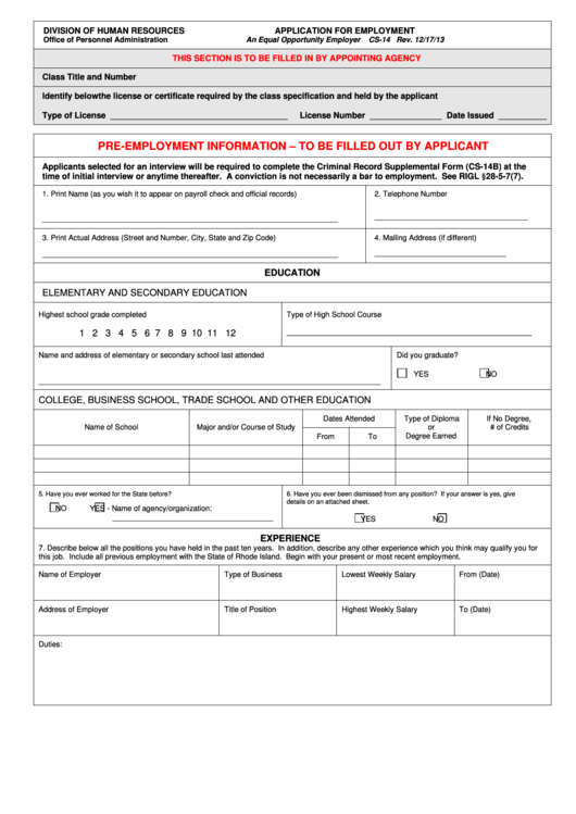 Form Cs14 Application For Employment printable pdf download