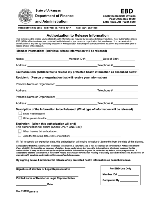 2000F10 Authorization To Release Health Information Form printable