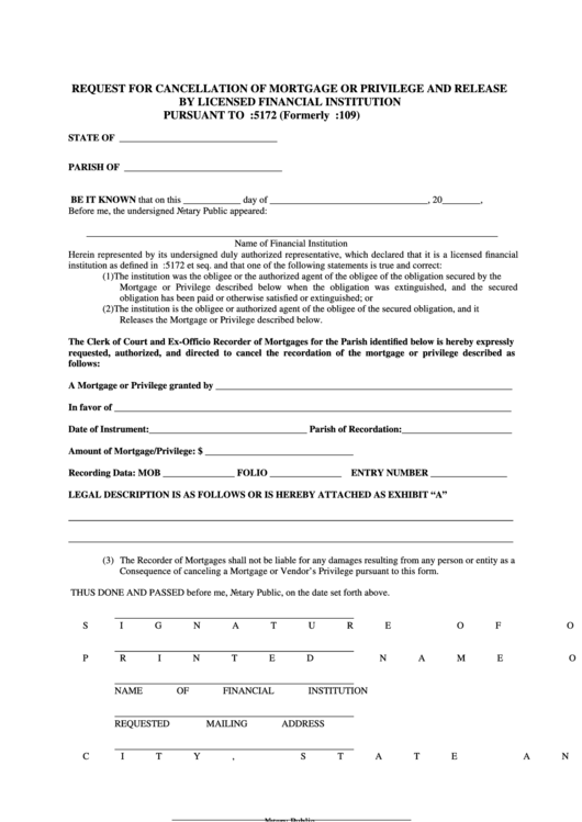 Fillable Request For Cancellation Of Mortgage Or Privilege And Release
