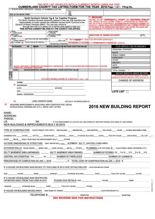 Fillable Cumberland County Tax Listing Form 2016 printable pdf download