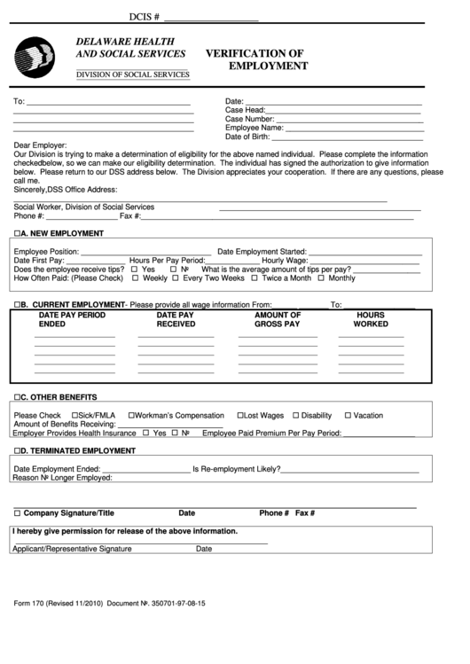 Fillable Form 170 Employment Verification Form Delaware Health And Social Services printable