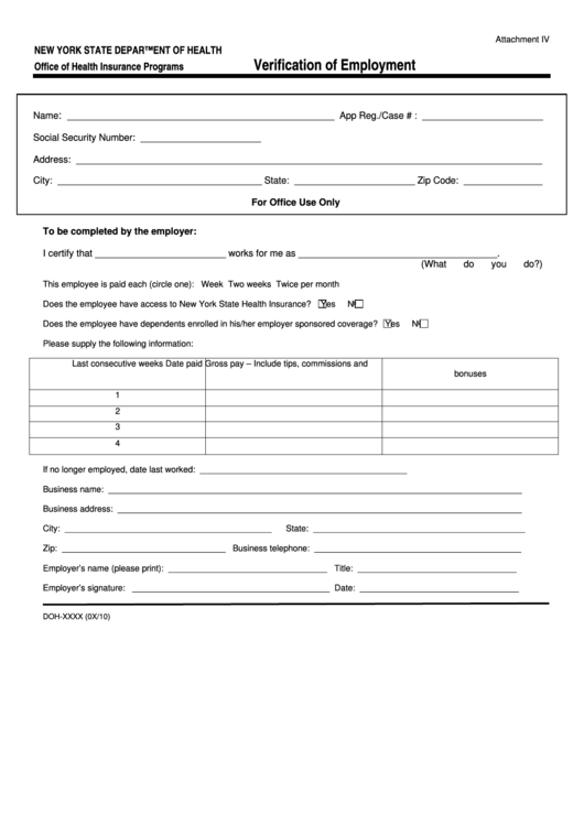 Verification Of Employment Form New York State Department Of Health printable pdf download