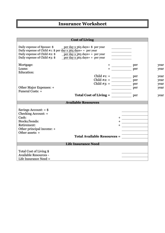 Insurance Worksheet printable pdf download