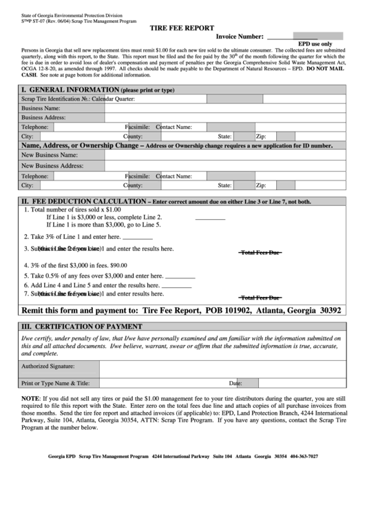 Form Stmp St07 Tire Fee Report printable pdf download