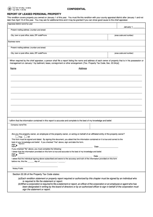 Fillable Form 50147 Report Of Leased Personal Property printable pdf