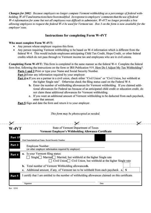 Form W4vt Vermont Employee Withholding Allowance Certificate