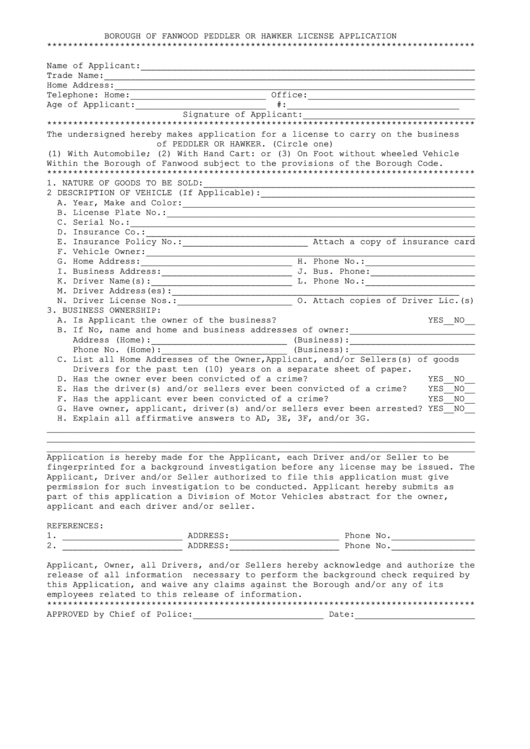 Borough Of Fanwood Peddler Or Hawker License Application Form printable