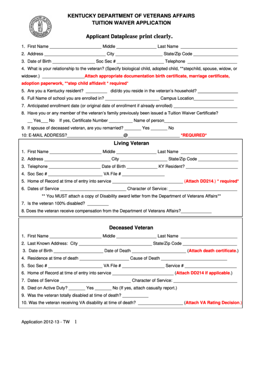Tuition Waiver Application Form Kentucky Department Of Veterans