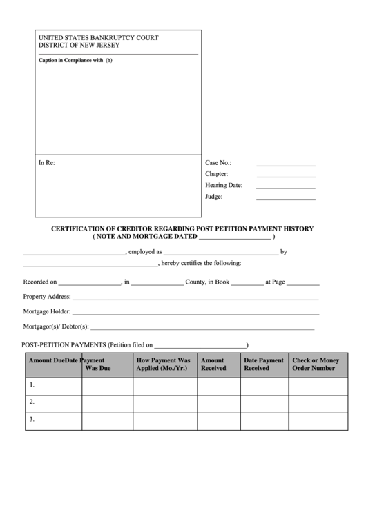 Fillable Certification Of Creditor Regarding Post Petition Payment