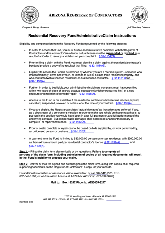 Fillable Rcrf30 Residential Recovery Fund Administrative Claim Form