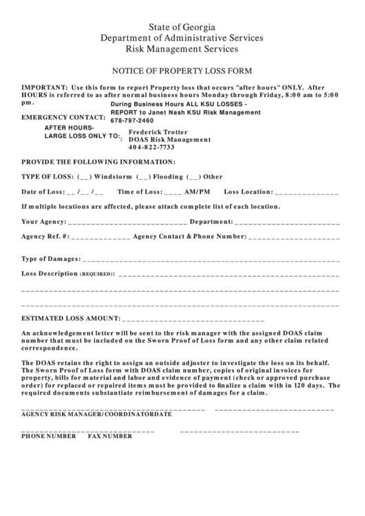 Notice Of Property Loss Form Department Of Administrative Services