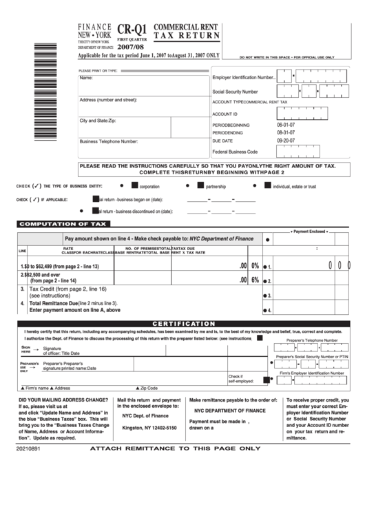 Form CrQ1 Commercial Rent Tax Return 2007/08 printable pdf download