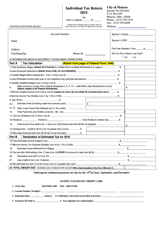 Individual Tax Return Form City Of Monroe 2015 printable pdf download