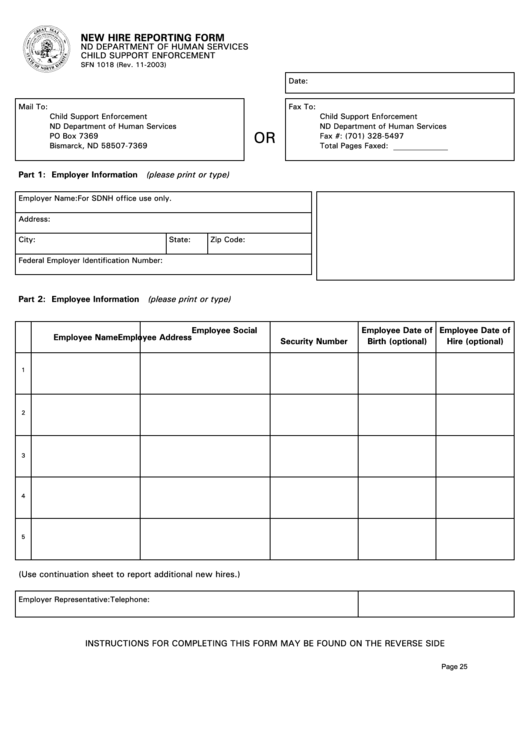 New Hire Reporting Form Nd Department Of Human Services printable pdf