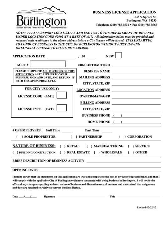 Business License Application City Of Burlington, Washington 2012