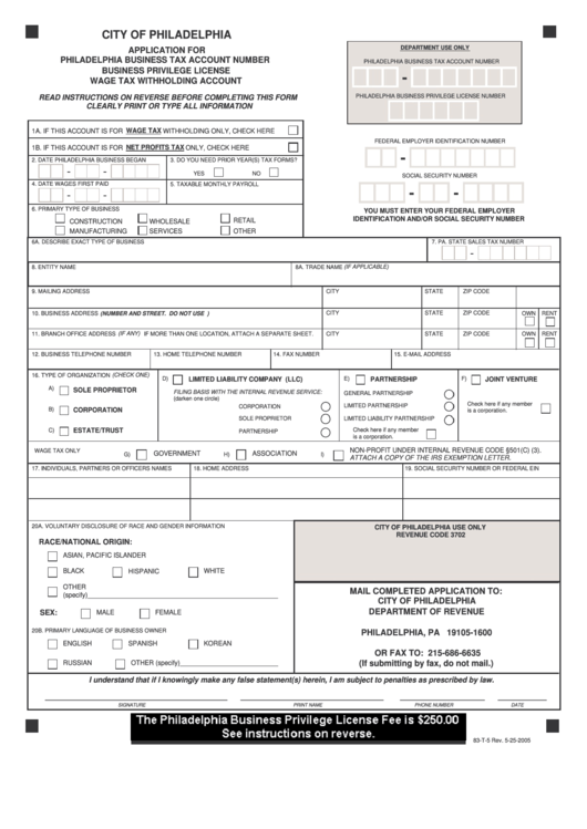 Form 83T5 Application For Philadelphia Business Tax Account Number
