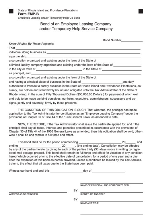 Fillable Form EmpB Bond Of An Employee Leasing Company And/or