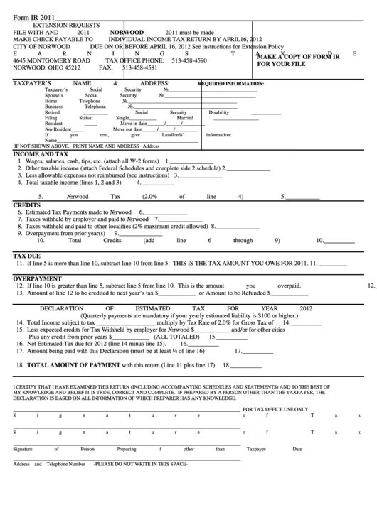 Form Ir Individual Tax Return Norwood 2011 printable pdf