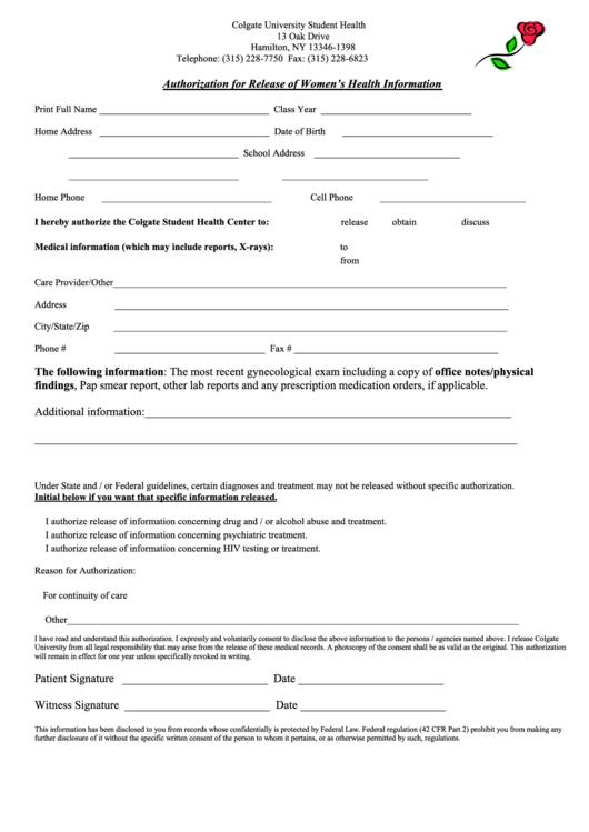 Authorization For Release Of Women'S Health Information Form printable