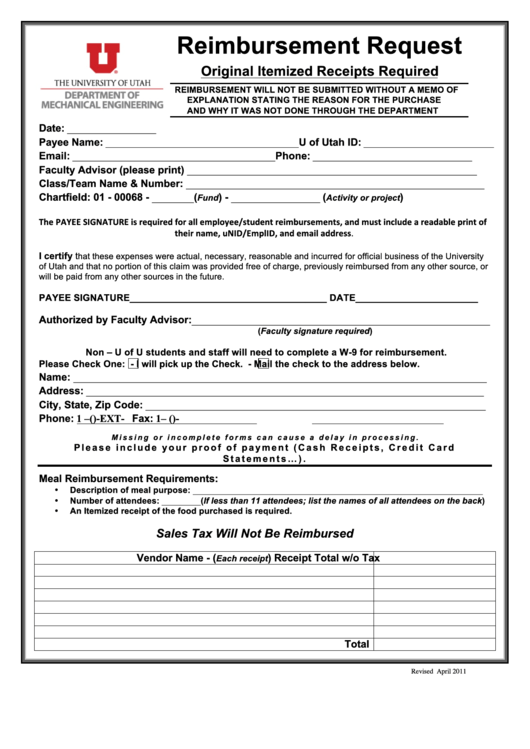 Fillable Reimbursement Request Form printable pdf download