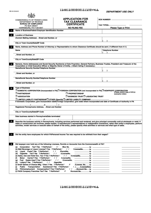 Rev181 Cm Application For Tax Clearance Certificate Form 2007