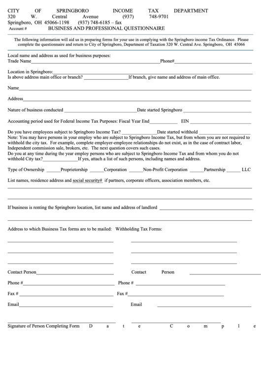 Business And Professional Questionnaire City Of Springboro printable
