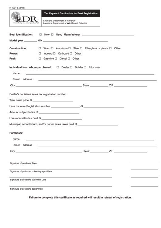 Fillable Form R1331L Tax Payment Cerification For Boat Registration Louisiana Department