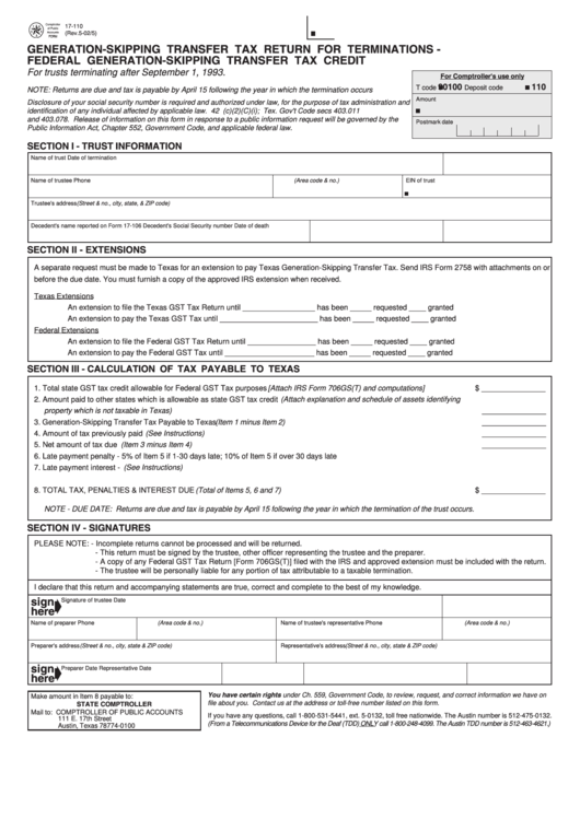 Fillable Form 17110 GenerationSkipping Transfer Tax Return For