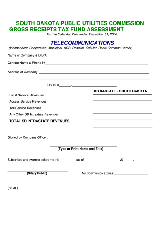 Gross Receipts Tax Fund Assessment Form South Dakota Public Utilities
