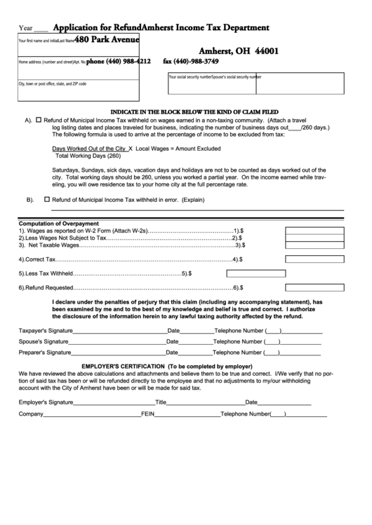 Application For Refund Form Amherst Tax Department printable
