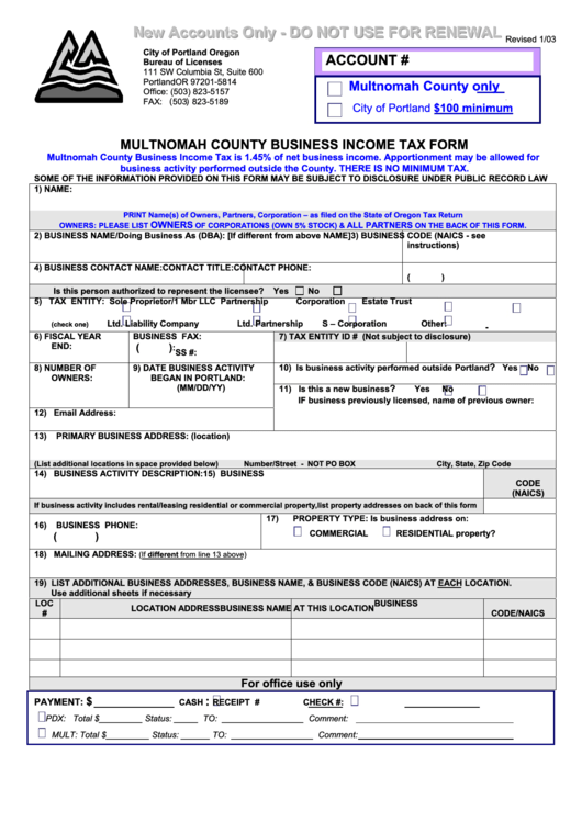 Multnomah County Business Tax Form 2003 printable pdf download