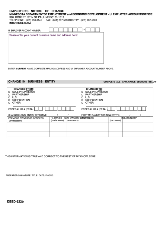 Form Deed522b Employer'S Notice Of Change Form Minnesota