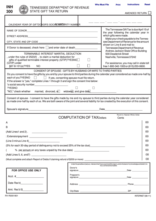 Fillable Form Inh 300 State Gift Tax Return printable pdf download