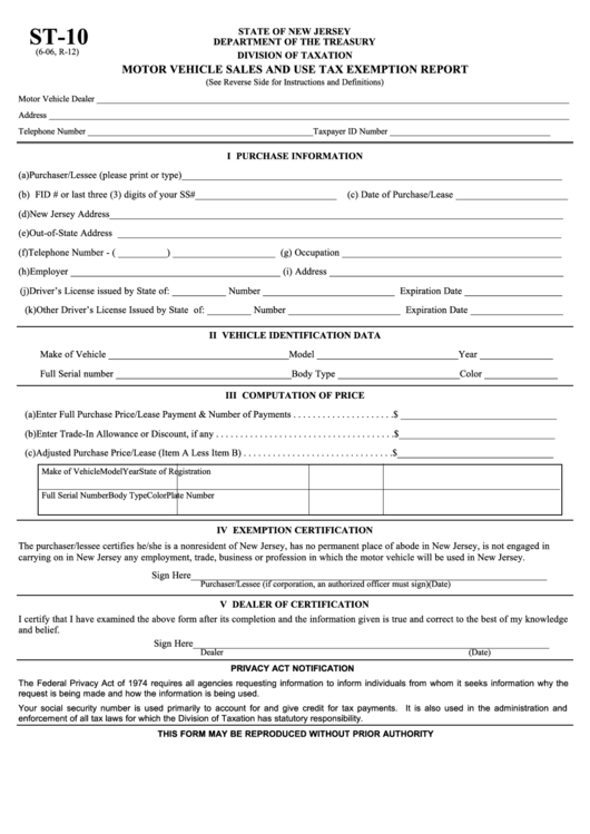 Fillable Form St10 Motor Vehicle Sales And Use Tax Exemption Report