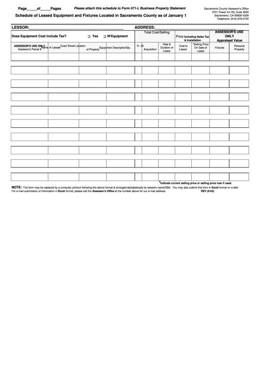 Schedule Of Leased Equipment And Fixtures Located In Sacramento County