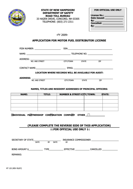 Form Rt 132 Application For Motor Fuel Distributor License Nh Road
