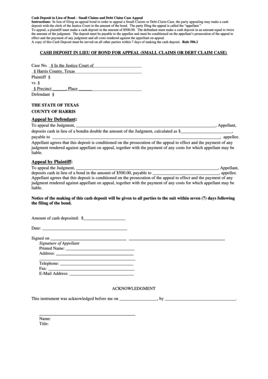 Cash Deposit In Lieu Of Bond For Appeal Template printable pdf download