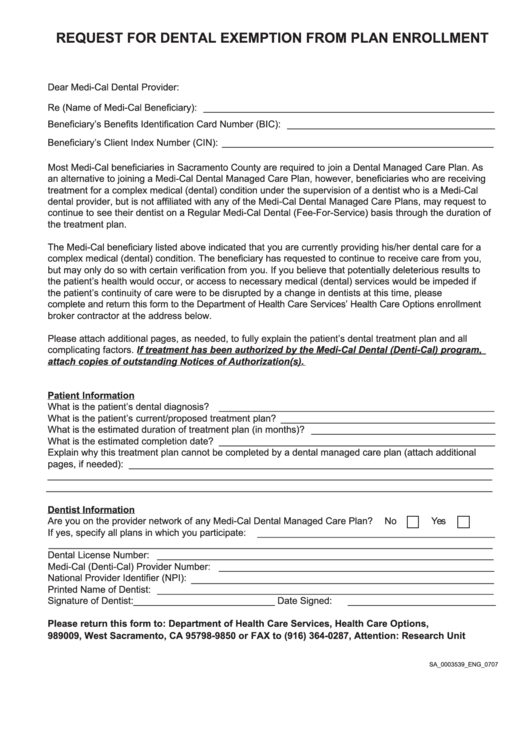 Fillable Request For Dental Exemption From Plan Enrollment Form