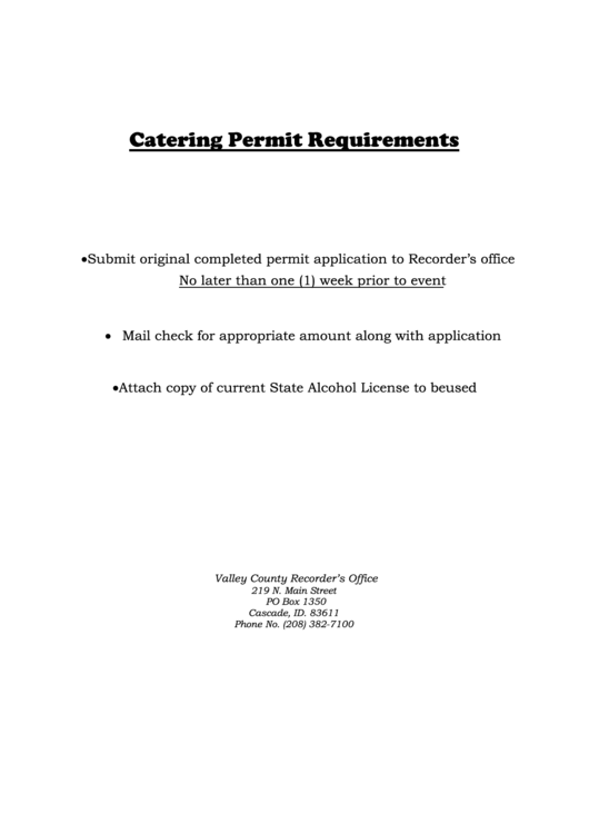 Valley County Liquor Catering Permit Form printable pdf download