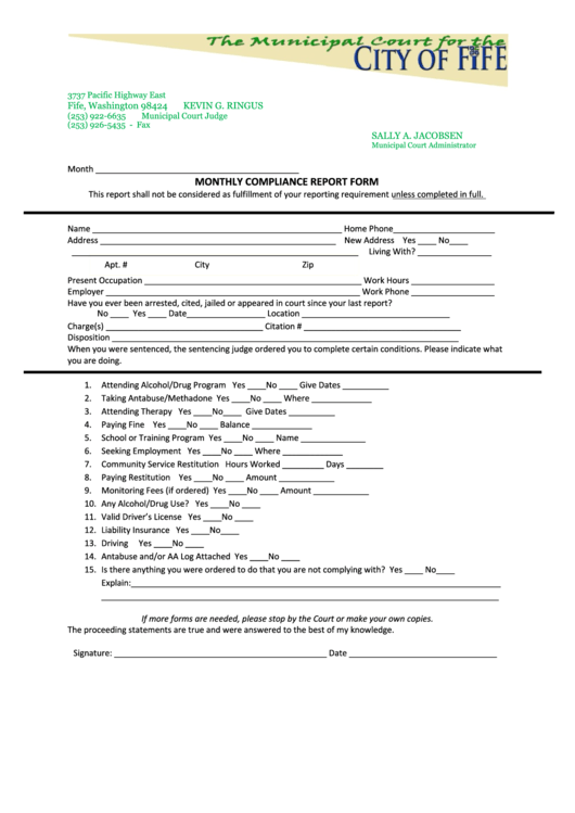 Monthly Compliance Report Form Washington Municipal Court printable