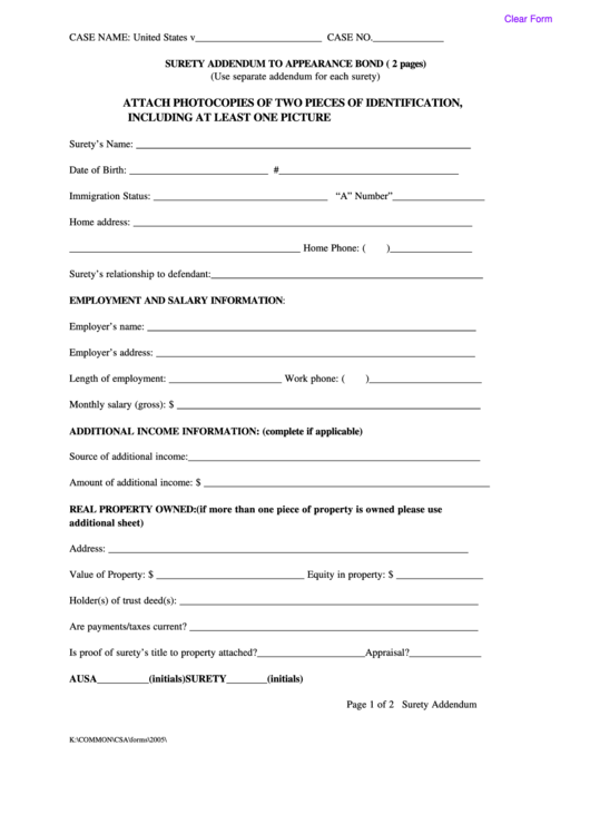 Fillable Surety Addendum To Appearance Bond Form printable pdf download