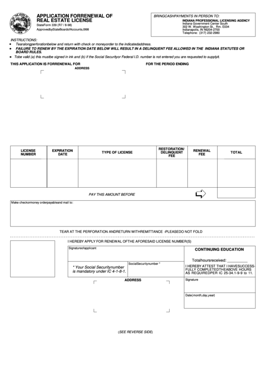 Fillable Form 339 (R7 / 898) Application For Renewal Of Real Estate