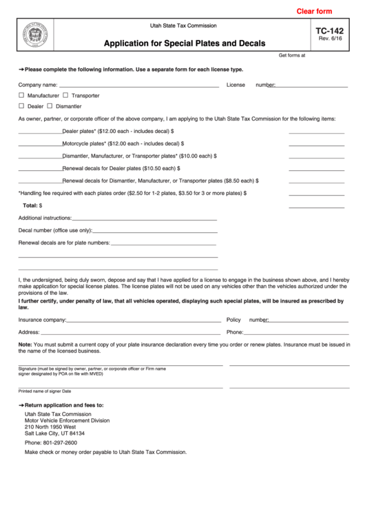 Fillable Form Tc142 Application For Special Plates And Decals