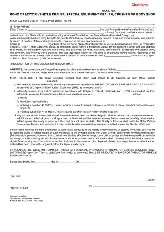 Fillable Form Mved1 Bond Of Motor Vehicle Dealer, Crusher, Or Body