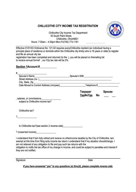 Fillable Chillicothe City Tax Registration Form printable pdf